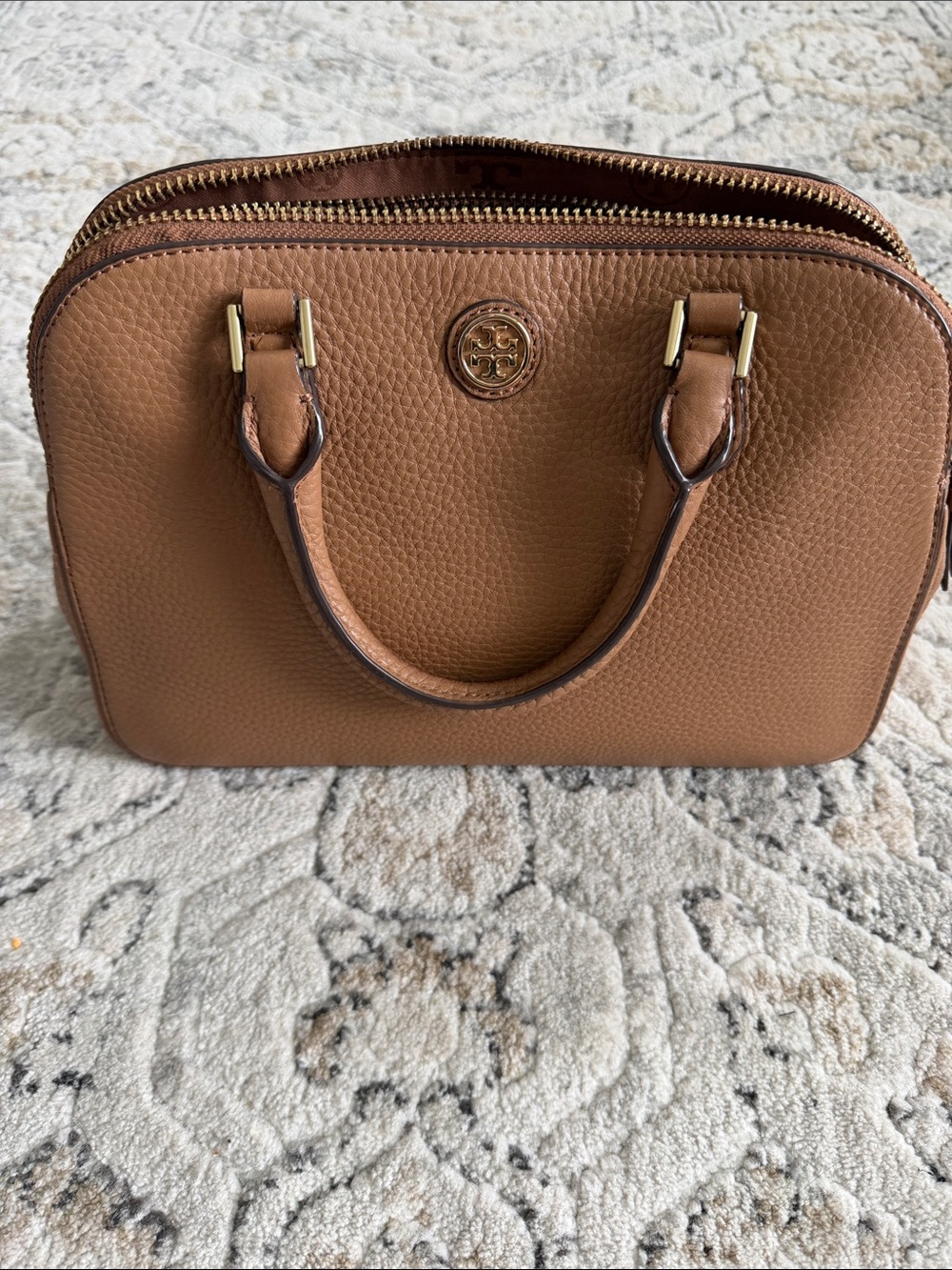 Tory Burch Pebbled Leather Mini Satchel in Cognac with Gold Logo